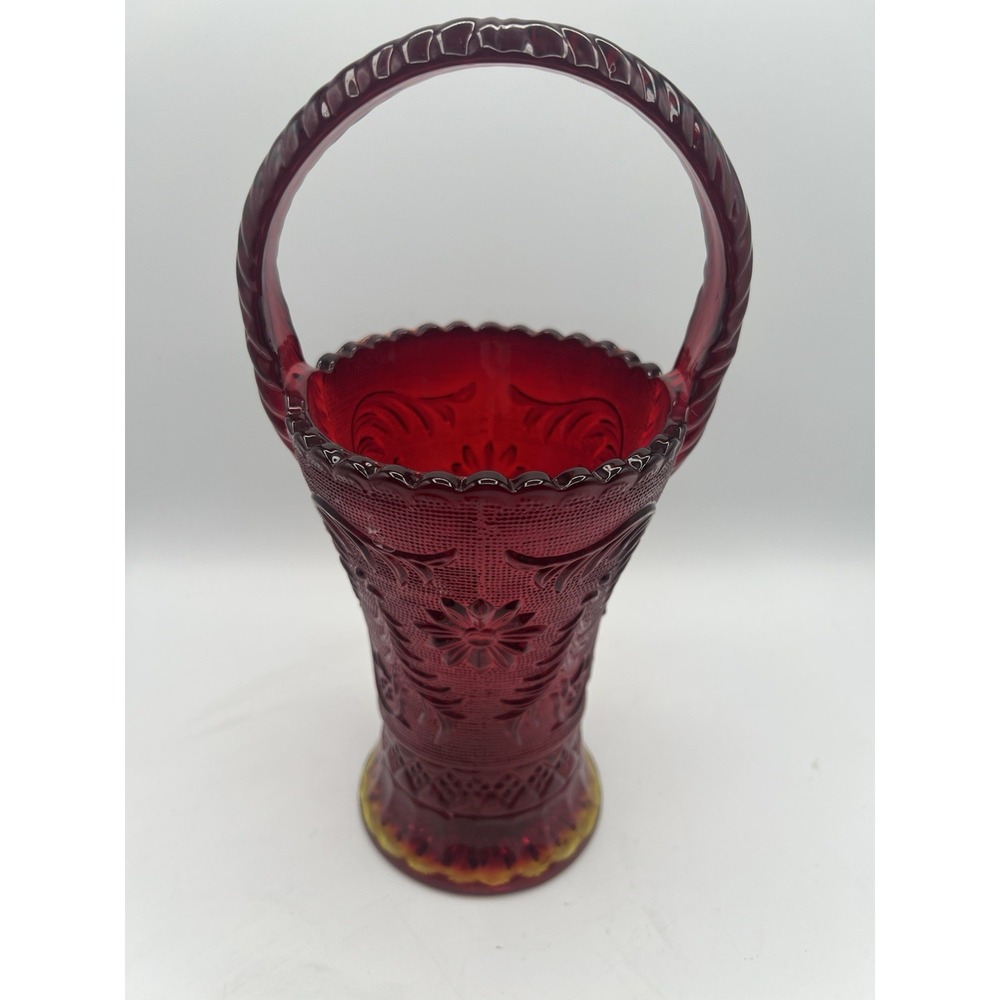 Vintage Tiara Indiana Sandwich Glass Ruby Red‎ Sunset Handled Glass Basket 10"